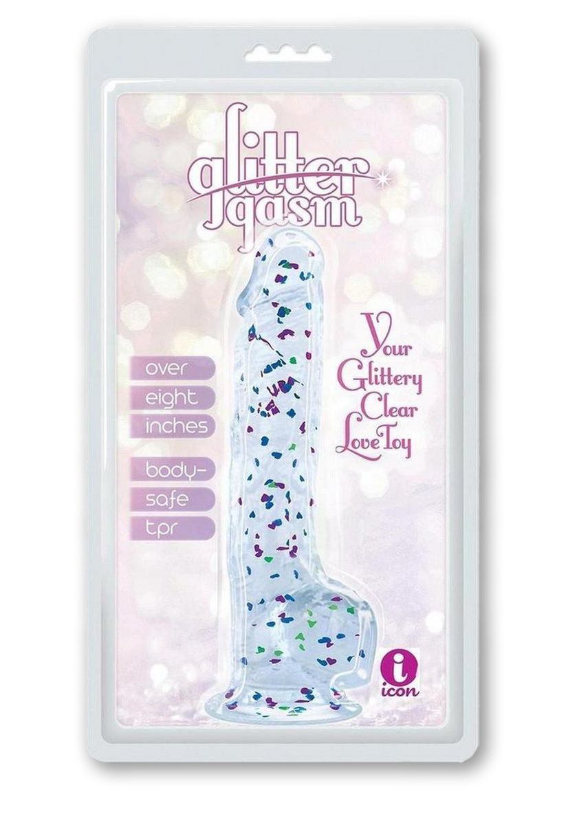 Glittergasm Realistic Clear Dildo with Balls and Suction Cup -  Blue/Purple/Violet Glitter  Icon Brands