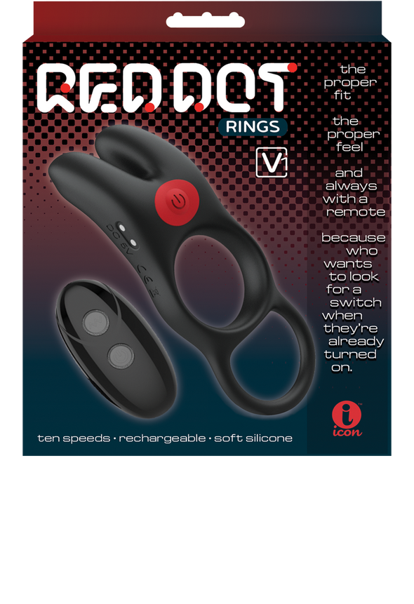 Red Dot Silicone Rechargeable Vibrating Cock Ring with Remote Control V1 - Black/Red