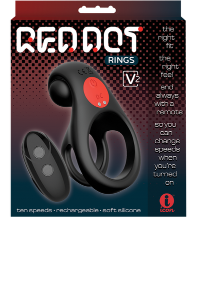 Red Dot Silicone Rechargeable Vibrating Cock Ring with Controller V2 - Black/Red