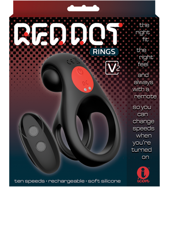 Red Dot Silicone Rechargeable Vibrating Cock Ring with Controller V2 - Black/Red