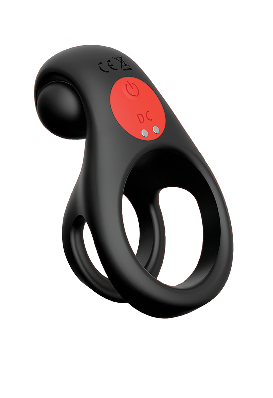 Red Dot Silicone Rechargeable Vibrating Cock Ring with Controller V2 -  Black/Red  Icon Brands