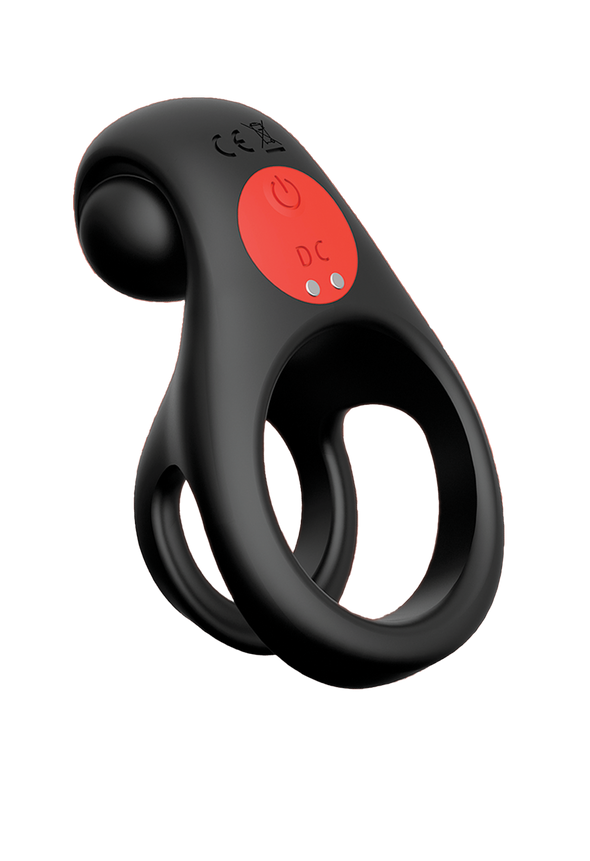 Red Dot Silicone Rechargeable Vibrating Cock Ring with Controller V2 - Black/Red