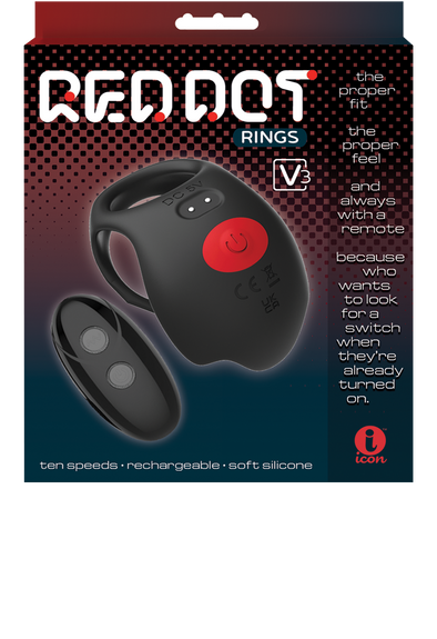 Red Dot Silicone Rechargeable Vibrating Cock Ring with Remote Control V3 - Black/Red