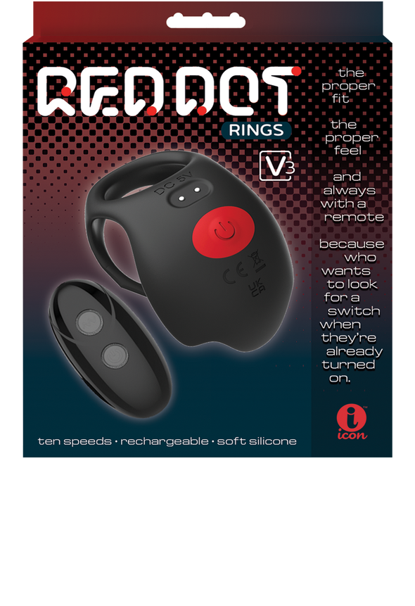 Red Dot Silicone Rechargeable Vibrating Cock Ring with Remote Control V3 - Black/Red