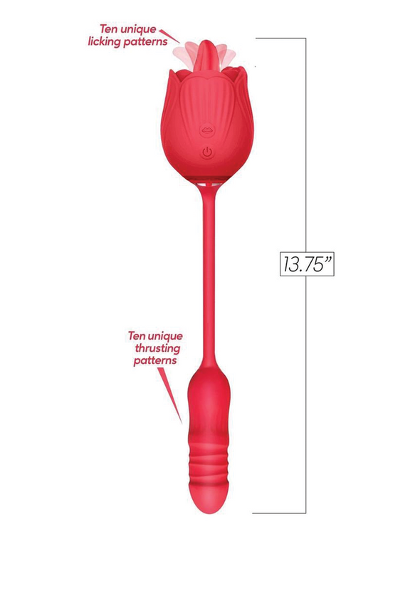 Icon Brands - Wild Rose Lick & Thrust Rechargeable Silicone Dual Vibrator with Clitoral Stimulator - Red