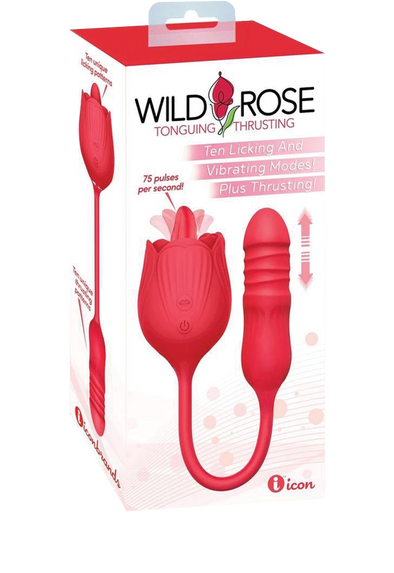 Icon Brands - Wild Rose Lick & Thrust Rechargeable Silicone Dual Vibrator with Clitoral Stimulator - Red