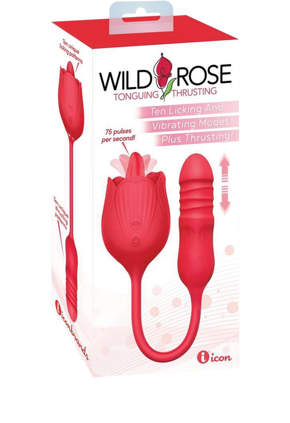 Icon Brands - Wild Rose Lick & Thrust Rechargeable Silicone Dual Vibrator with Clitoral Stimulator - Red